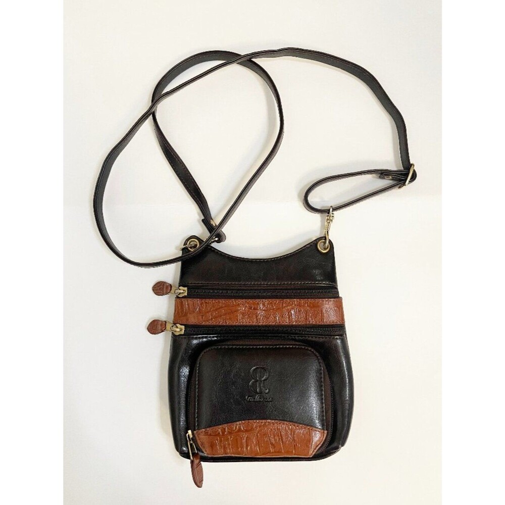 Vintage Bellarose Crossbody Purse Black Brown Faux Croc Organizer Bag Y2K
